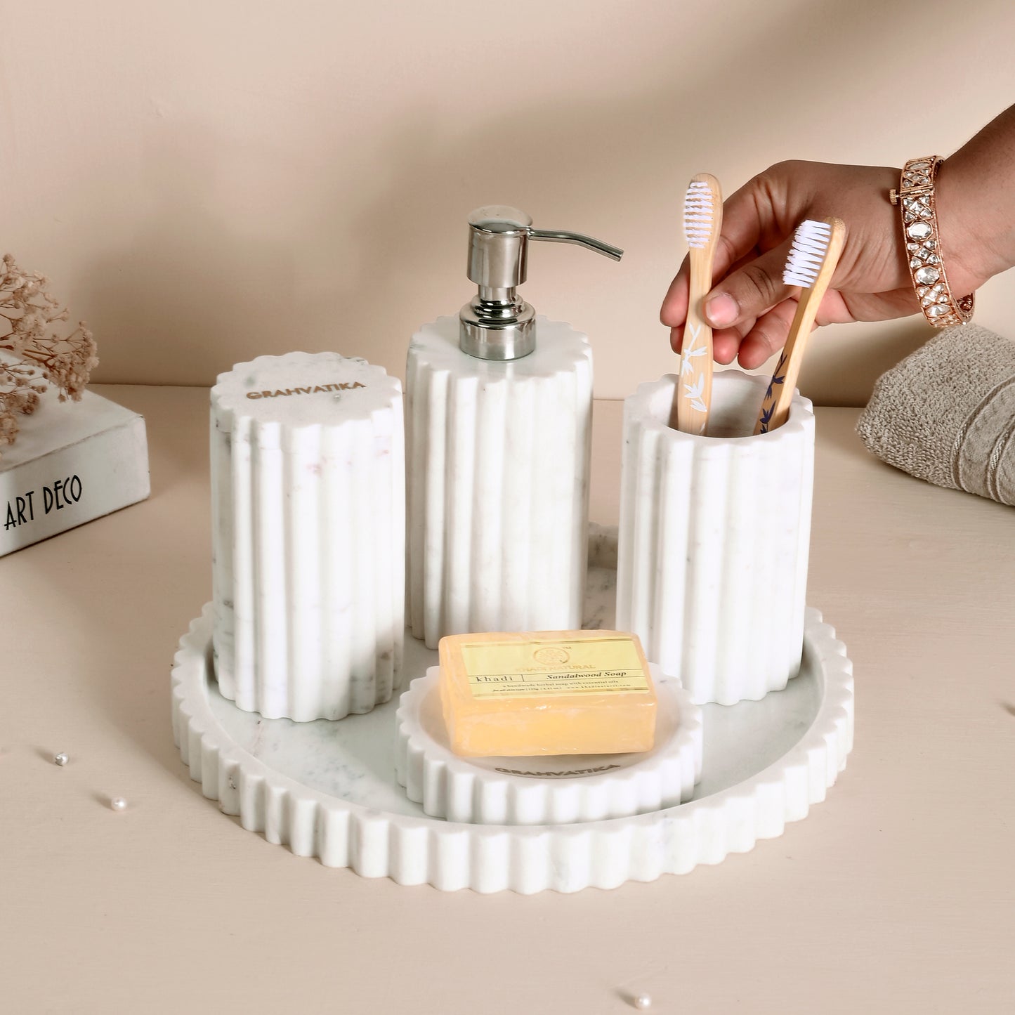 Marble Tray With Soap Dishwasher Soap Dispenser Toothbrush Holder Multi Utility Holder With Lid Bathroom Organiser Luxury Gift Accessory for Home