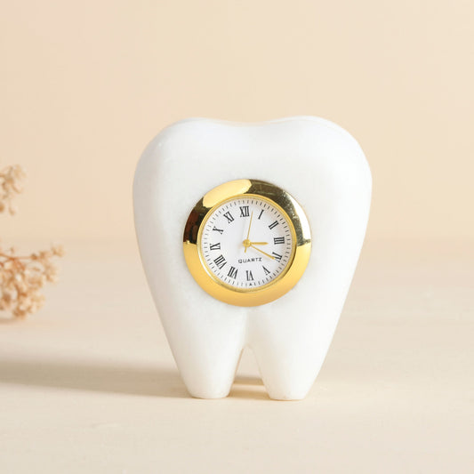 Tooth Shape Marble Table Clock, Unique Design Decorative Clock Showpiece, Ideal Gift for Dentists Day