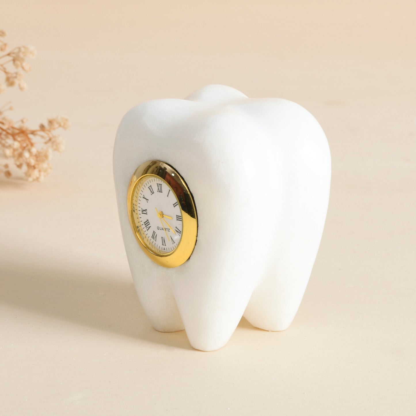 Tooth Shape Marble Table Clock, Unique Design Decorative Clock Showpiece, Ideal Gift for Dentists Day