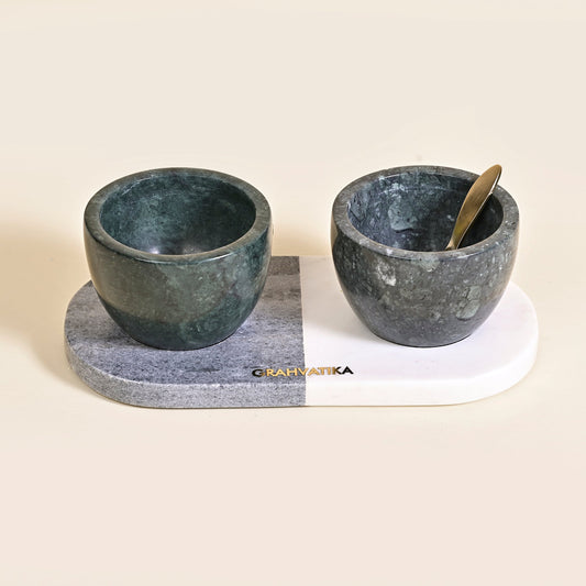 Black Marble Handmade Multi-Utility Bowl Set With Spoon and Tray