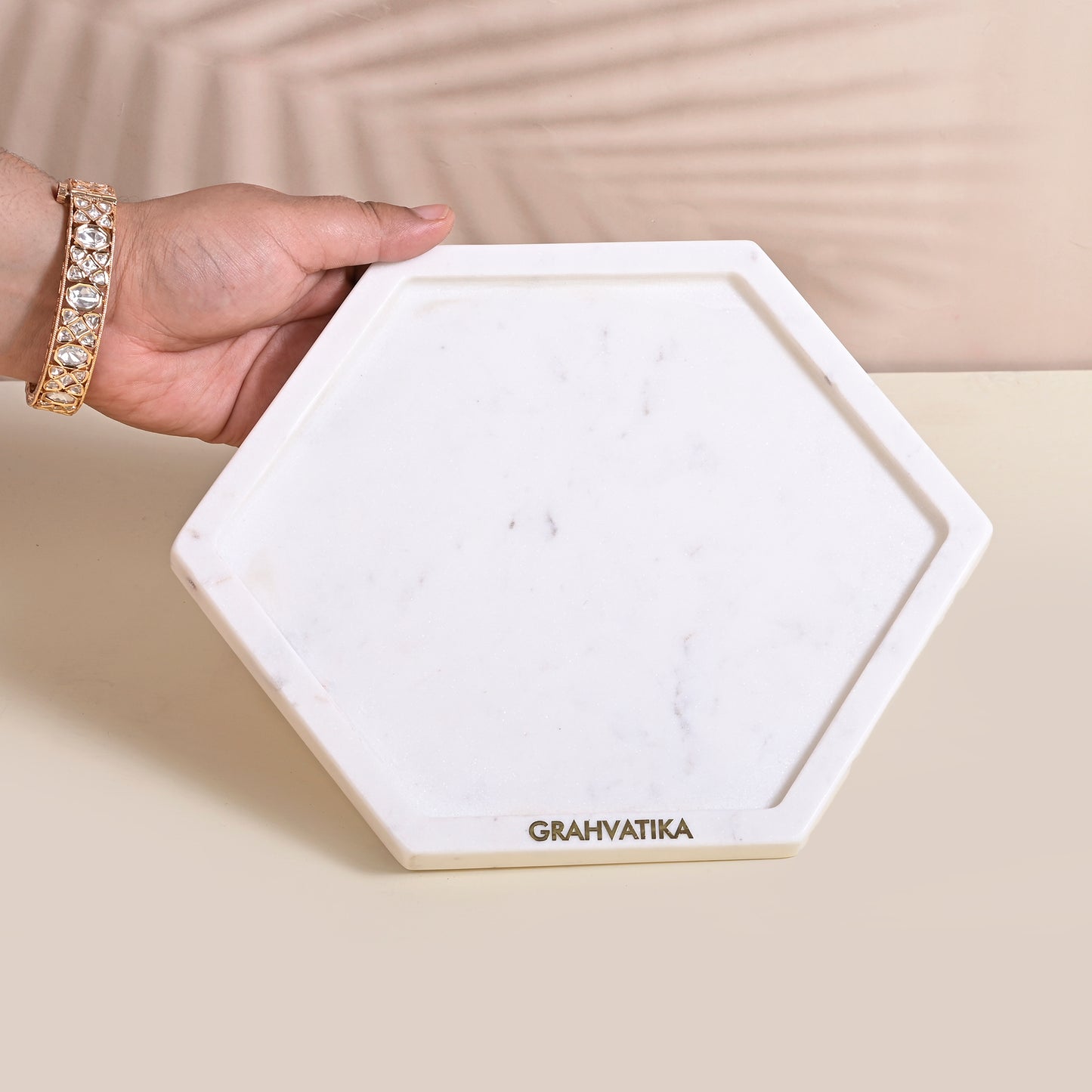 Hexagonal Shape White Marble Tray for Bathroom Kitchen Serving Vanity Tray