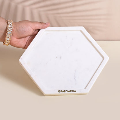 Hexagonal Shape White Marble Tray for Bathroom Kitchen Serving Vanity Tray