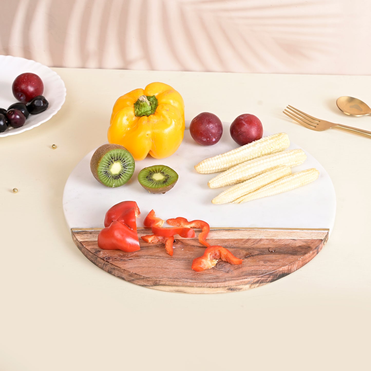 Round Marble and Wooden Cutting Board For Vegetable Fruit Chopping Board