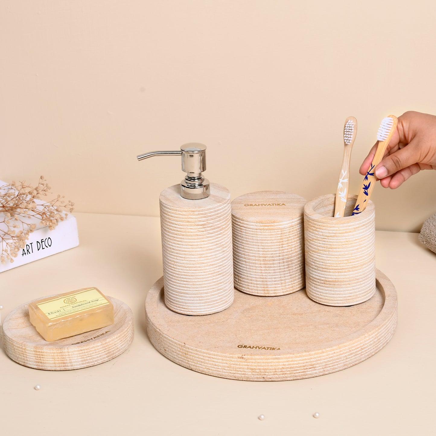 Wooden Tray With Soap Dishwasher Soap Dispenser Toothbrush Holder Multi Utility Holder With Lid Bathroom Organiser Luxury Gift Accessory for Home